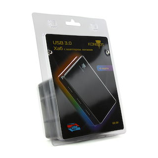 Хаб USB 3.0  Konoos UK-34, 4 порта USB, с адаптером питания 5V/2A, блистер