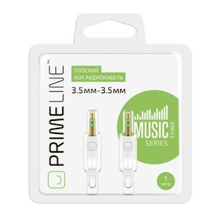 AUX аудиокабель Prime Line 3.5мм - 3.5мм, плоский кабель, 1м, белый (7000)