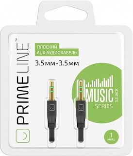 AUX аудиокабель Prime Line 3.5мм - 3.5мм, плоский кабель, 1м, черный (7001)