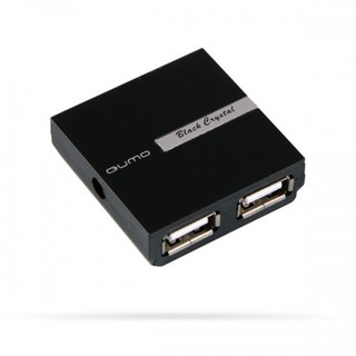 Хаб USB 2.0 Qumo Black Cristal 4 порта, черный, глянцевое покрытие, интерфейс , кабель 70 см, размеры 40х40х12 мм, доп питание