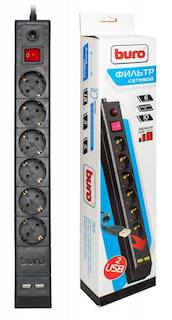 Сетевой фильтр Buro BU-SP3_USB/B 3м (6 розеток) черный 2 порта USB