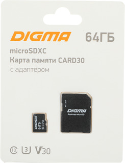 Флеш карта microSDXC 64Gb Digma CARD30 V30 + adapter DGFCA064A03